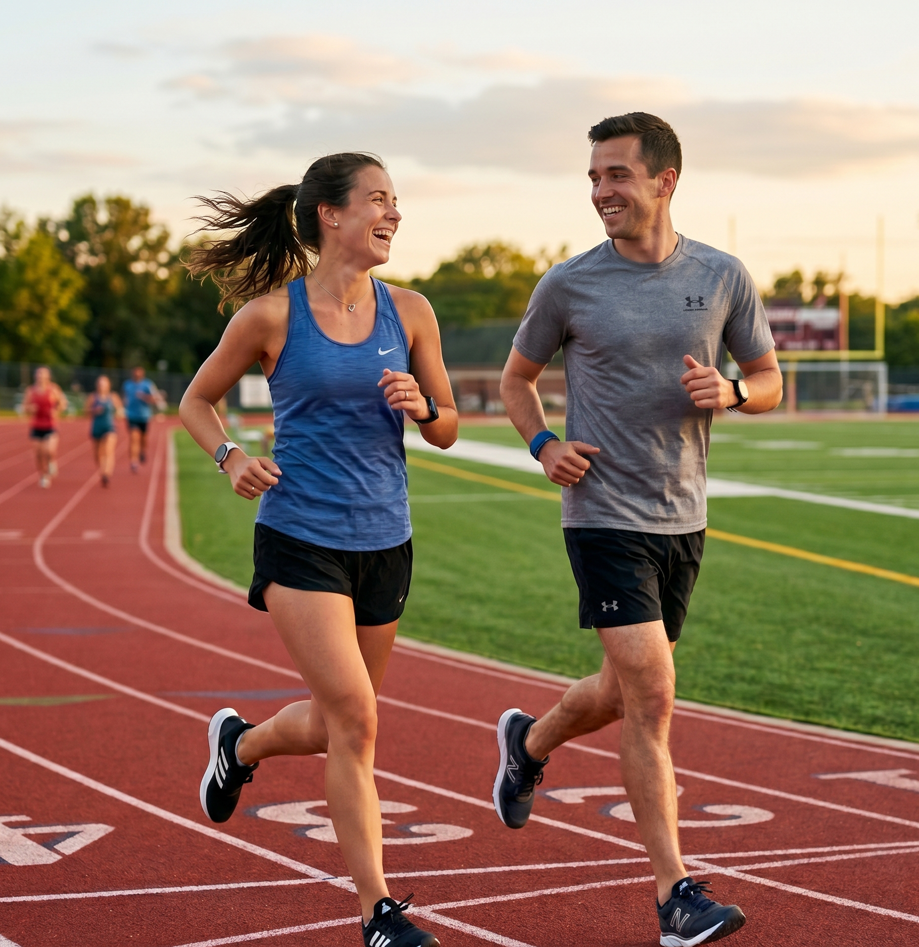 Male and female athletes running on track smiling